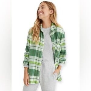 Aerie Oversized Green White Plaid Soft Flannel Button-Up Shirt Size XL NWT